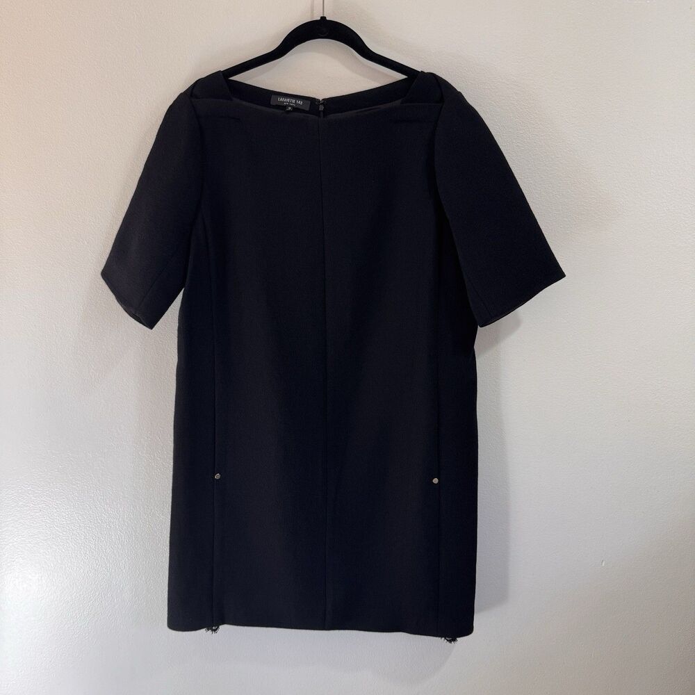 Lafayette 148 New York Dress 12 Black Shift 100% Wool Crepe Pockets Career